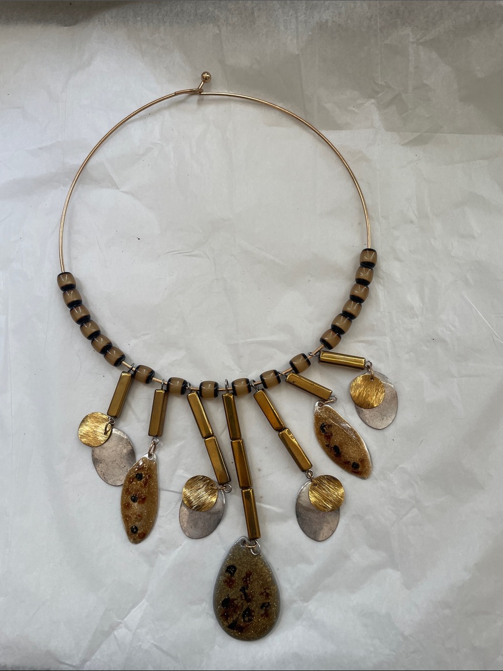 Source Unknown Gold and Brown Beaded Pendant Collar Necklace - Women Jewelry